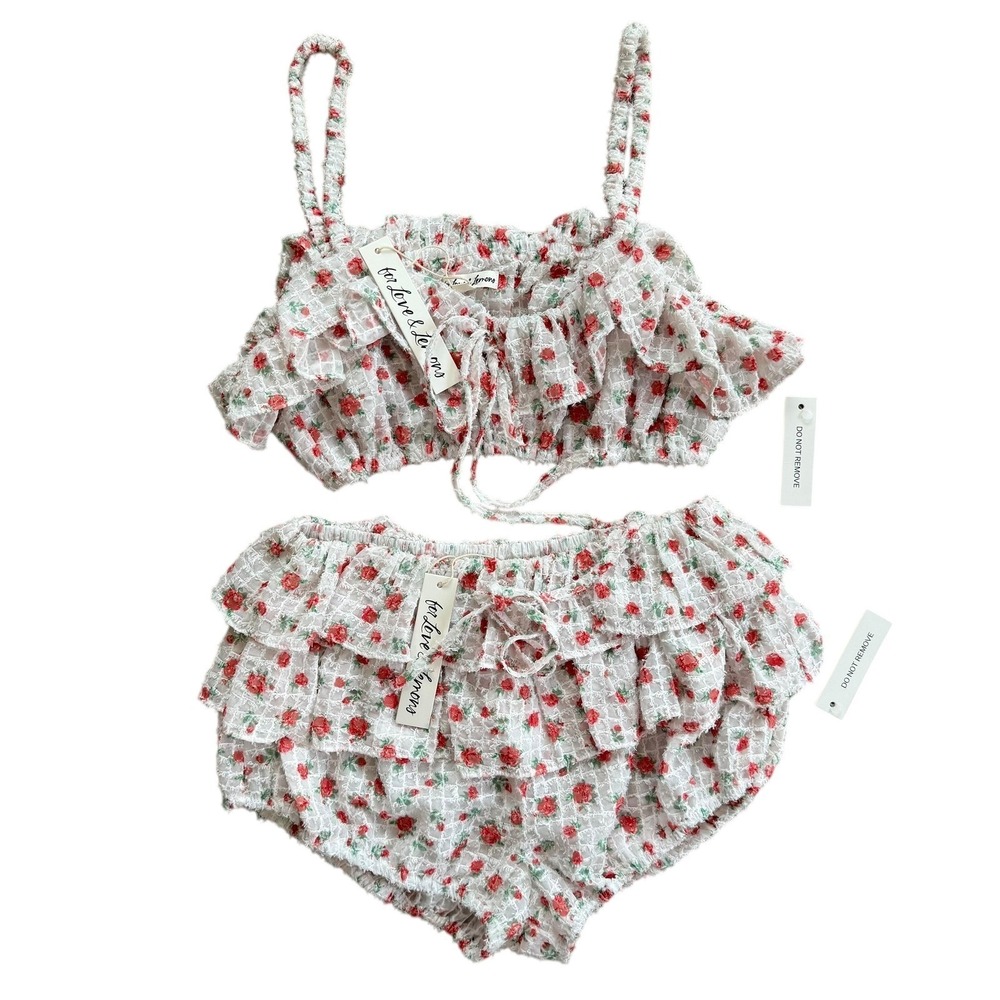 For Love & Lemons Floral Ruffle Crop Top and Shorts Set White Red Small NEW - Picture 1 of 13